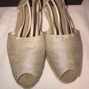 Sesto Meucci Linomet Silver Canvas Wedge Shoe with ankle strap